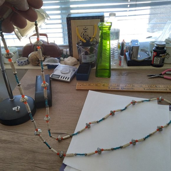 Imported simulated blue turquoise beaded tribal style long strech necklace coral - Picture 5 of 6